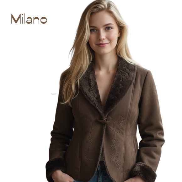 Essentials by Milano Vegan Suede & Fur Embroidered Coat NWOT Size L - Picture 1 of 12